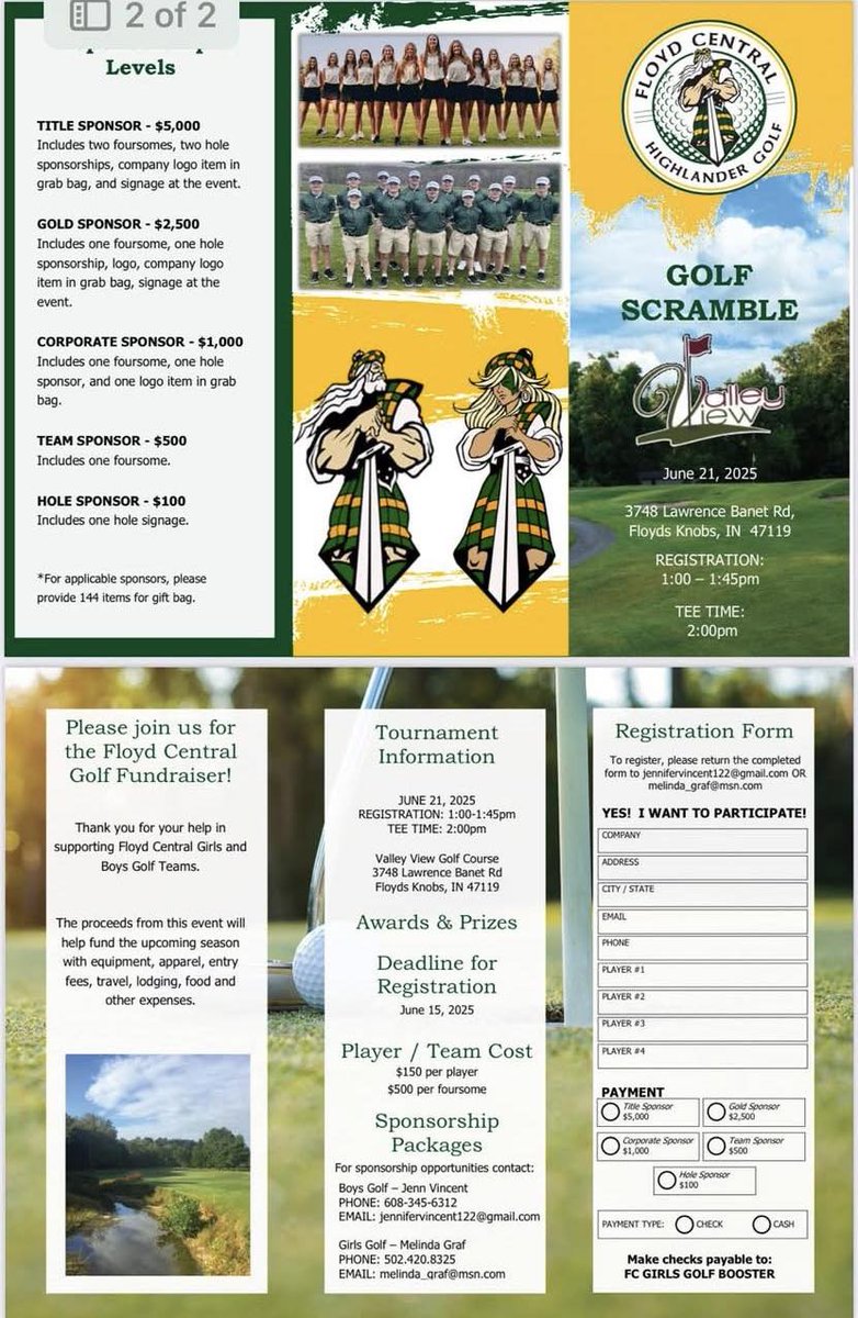 🏌️‍♀️⛳🏌️‍♂️ Last chance to support the Floyd Central boys and girls golf teams! Join the fun at the FC Golf Scramble on June 21, 2025, at Valley View Golf Course.

Sponsorships are still available, and the registration deadline is June 15.

Don’t miss it!

#NAFCSuccess