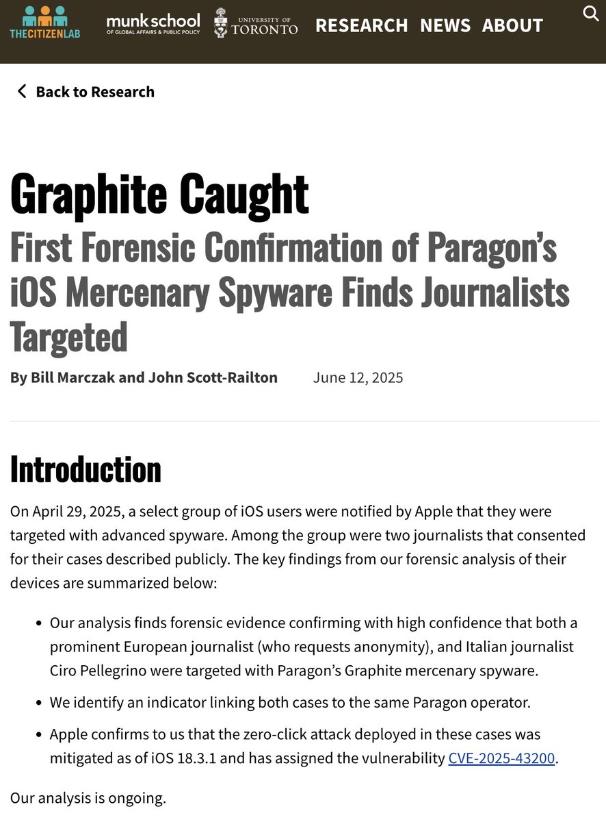 natynettle's tweet image. New bombshell report from @citizenlab confirming with high confidence that Italian @fanpage journalist @ciropellegrino + anonymous European journalist were targeted with #Paragonβs Graphite mercenary #spyware.
This scandal is not going awayβ¦