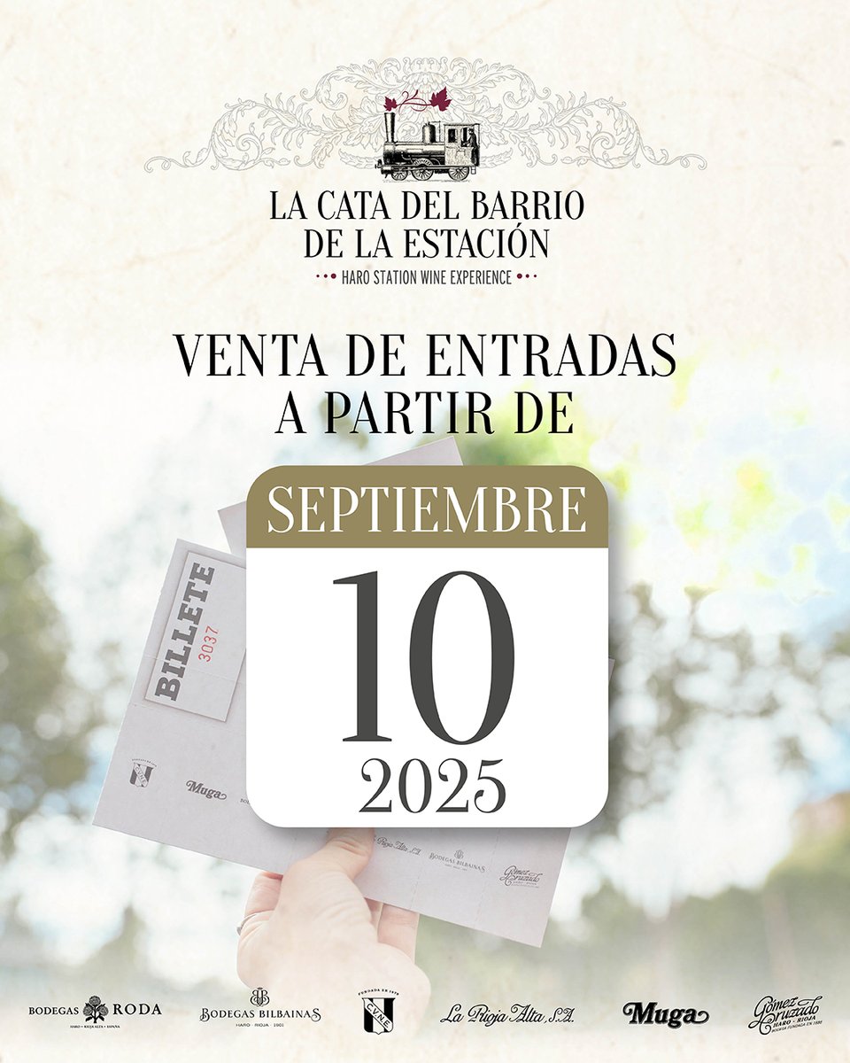Barrio de la Estación (@barriodestacion) on Twitter photo La Cata Del #BarrioEstación 2026 tiene fecha: el sábado 13 de junio de 2026 Haro será el epicentro del enoturismo.
Entradas disponibles desde el 10 de septiembre de 2025 en nuestra web. ¡No te lo pierdas!
<a href="/VINAPOMAL/">VIÑA POMAL</a> <a href="/bodegasmuga/">Bodegas Muga</a> <a href="/b_gomez_cruzado/">B. Gómez Cruzado</a> <a href="/Cvne/">CVNE</a> <a href="/LaRiojaAltaSA/">Bodega La Rioja Alta, S.A.</a> <a href="/BodegasRoda/">Bodegas Roda</a> La Cata Del #BarrioEstación 2026 tiene fecha: el sábado 13 de junio de 2026 Haro será el epicentro del enoturismo.
Entradas disponibles desde el 10 de septiembre de 2025 en nuestra web. ¡No te lo pierdas!
<a href="/VINAPOMAL/">VIÑA POMAL</a> <a href="/bodegasmuga/">Bodegas Muga</a> <a href="/b_gomez_cruzado/">B. Gómez Cruzado</a> <a href="/Cvne/">CVNE</a> <a href="/LaRiojaAltaSA/">Bodega La Rioja Alta, S.A.</a> <a href="/BodegasRoda/">Bodegas Roda</a>