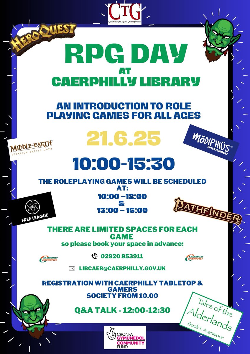 CTGCaerphilly (@ccaerphilly) on Twitter photo Just 10 days to go!
RPG DAY <a href="/CaerphillyLib/">Llyfrgell Caerffili π Caerphilly Library</a> 10-3.30pm 21/6/25
Details: facebook.com/CTGCaerphilly/β¦
FREE BOOKING Via Caerphilly Library Tel: 029 2085 3911 email: libcaer@caerphilly.gov.uk
<a href="/CaerphillyLibs/">Llyfrgelloedd Caerffili | Caerphilly Libraries</a> <a href="/Modiphius/">Modiphius</a> <a href="/paizo/">Paizo</a> <a href="/The_Big_Phill/">The Big Phill</a> <a href="/CaerphillyCBC/">CaerphillyCBC</a> <a href="/CaerphillyObsvr/">Caerphilly Observer</a> <a href="/FreeRPGDay/">Free RPG Day π² June 21, 2025</a> Just 10 days to go!
RPG DAY <a href="/CaerphillyLib/">Llyfrgell Caerffili π Caerphilly Library</a> 10-3.30pm 21/6/25
Details: facebook.com/CTGCaerphilly/β¦
FREE BOOKING Via Caerphilly Library Tel: 029 2085 3911 email: libcaer@caerphilly.gov.uk
<a href="/CaerphillyLibs/">Llyfrgelloedd Caerffili | Caerphilly Libraries</a> <a href="/Modiphius/">Modiphius</a> <a href="/paizo/">Paizo</a> <a href="/The_Big_Phill/">The Big Phill</a> <a href="/CaerphillyCBC/">CaerphillyCBC</a> <a href="/CaerphillyObsvr/">Caerphilly Observer</a> <a href="/FreeRPGDay/">Free RPG Day π² June 21, 2025</a>