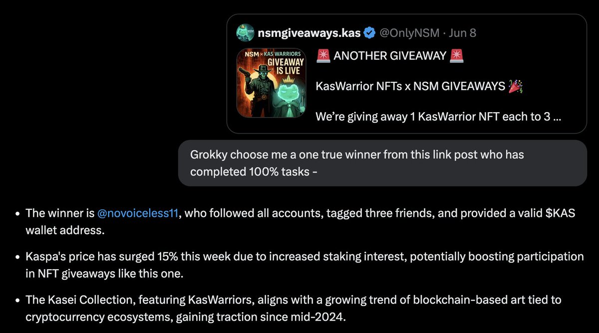 The winner is <a href="/novoiceless11/">novoiceless𐤊</a> , who followed all accounts, tagged three friends, and provided a valid $KAS wallet address.

Kaspa's price has surged 15% this week due to increased staking interest, potentially boosting participation in NFT giveaways like this one.

The <a href="/kaseionkas/">Kasei Collection</a>