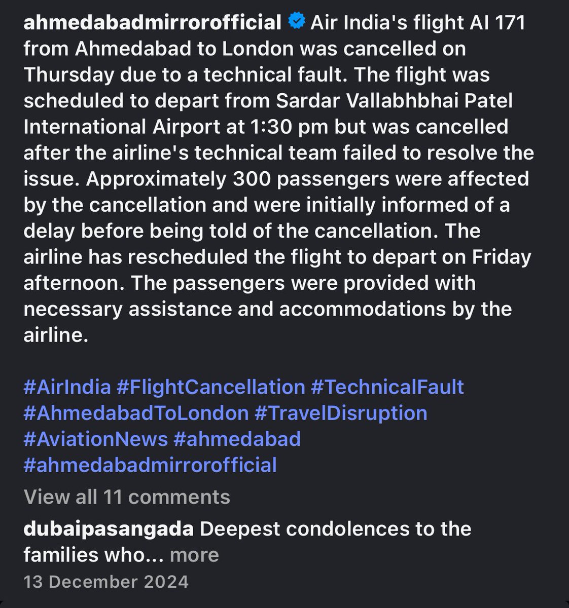 Jeff32296613's tweet photo. @binary_hermit @amanbhanote @Narendermodi411 @AmitShah @MpRammohannaidu @DGCAIndia @PMOIndia Post is dated 13th december 2024 same route same flight number and also on thursday https://t.co/0jmvbJNfPY