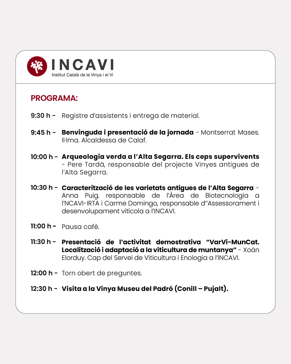 🍇 Jornada tècnica: 𝐋𝐞𝐬 𝐯𝐢𝐧𝐲𝐞𝐬 𝐚𝐧𝐭𝐢𝐠𝐮𝐞𝐬 𝐝𝐞 𝐥’𝐀𝐥𝐭𝐚 𝐒𝐞𝐠𝐚𝐫𝐫𝐚.
📆 Dijous 19 de juny
📍 Casal de Calaf + visita a la Vinya Museu del Padró
🎫 Inscripcions:  shorturl.at/B5Tgv