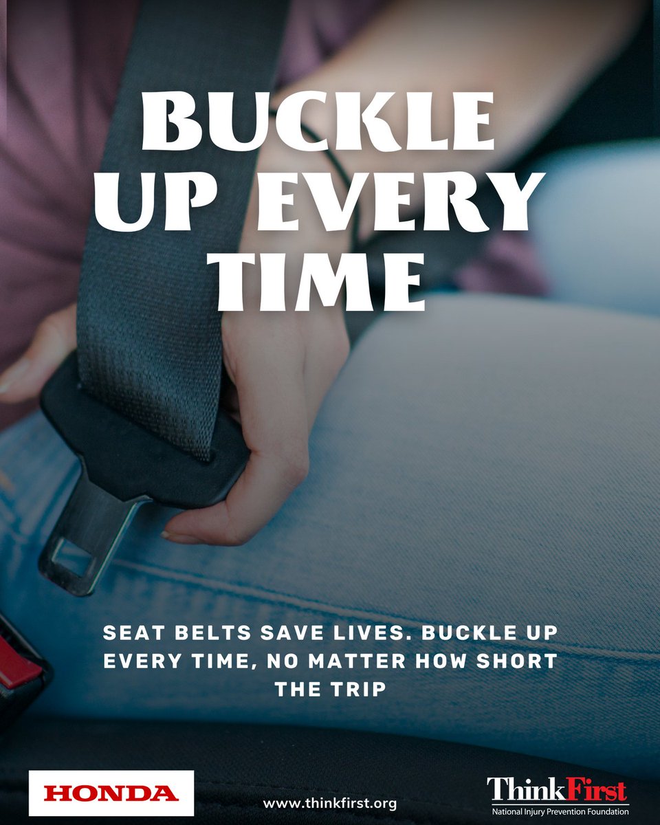 Summer = more road trips. 🚗☀️ Buckling up reduces fatal injury risk by 45%—no matter how short the drive. Seat belts save lives. #BuckleUp #SeatBeltSafety #ThinkFirst #SafeSummerTravel