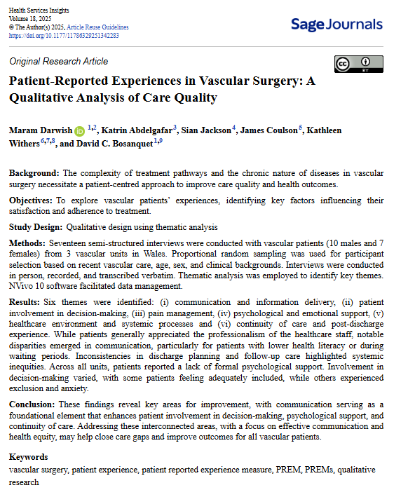 Congratulations to Maram Darwish from the SEWVN for published another paper related to her MD on developing a Patient Reported Experience Measure (PREM) for vascular surgery patients. With <a href="/CEDAR_Cardiff/">CEDAR</a> &amp; <a href="/Valuein_Health/">Welsh Value in Health Centre</a>.
 
journals.sagepub.com/doi/10.1177/11…