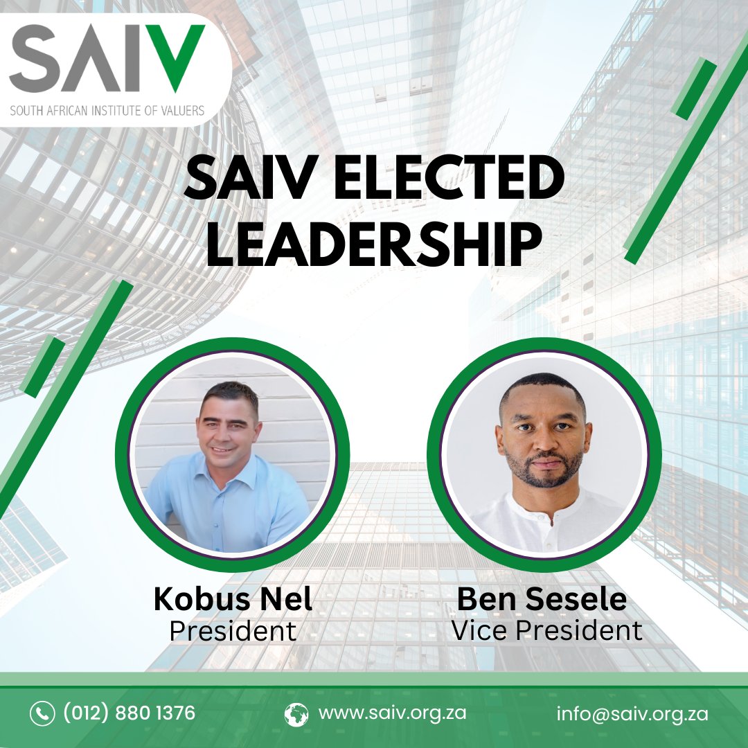 South African Institute of Valuers (@sa_valuers) on Twitter photo 📢We are pleased to announce the appointment of Kobus Nel as the new President and Ben Sesele as Vice-President of SA Institute of Valuers. 
Congratulations! We look forward to your leadership in shaping a vibrant future for the valuation profession. 
#Leadership #President 📢We are pleased to announce the appointment of Kobus Nel as the new President and Ben Sesele as Vice-President of SA Institute of Valuers. 
Congratulations! We look forward to your leadership in shaping a vibrant future for the valuation profession. 
#Leadership #President