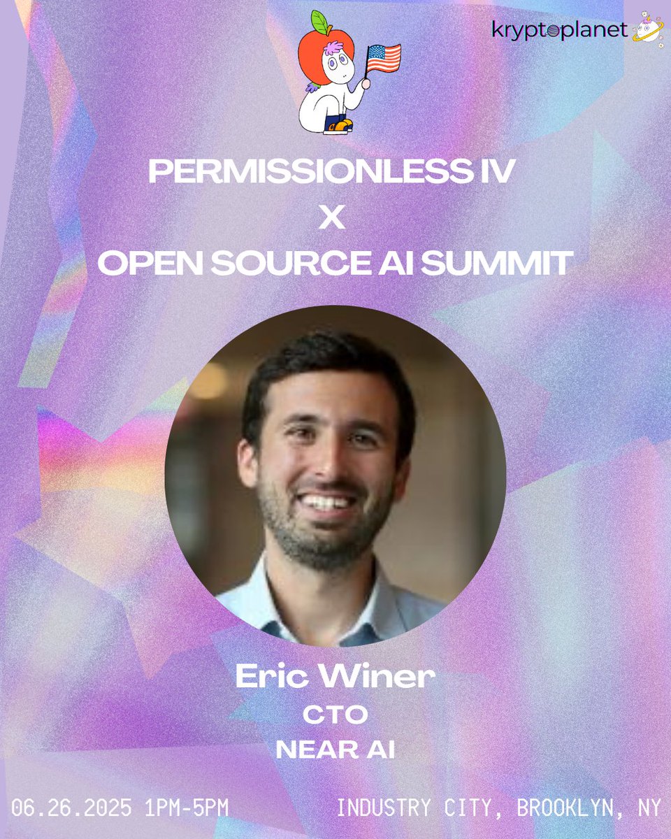 ekang426's tweet photo. OSAS NY is excited to welcome @eric_winer at @near_ai as a speaker! Eric will share his insights on "AITP: A Payments Protocol for AI Agent Economies" 🤖
If you are coming to @Permissionless, you should join us for Open Source AI Summit on June 26, 1pm - 5:30pm!
Want to come only to OSAS? Get your ticket here:
https://t.co/FORgu5AAu2