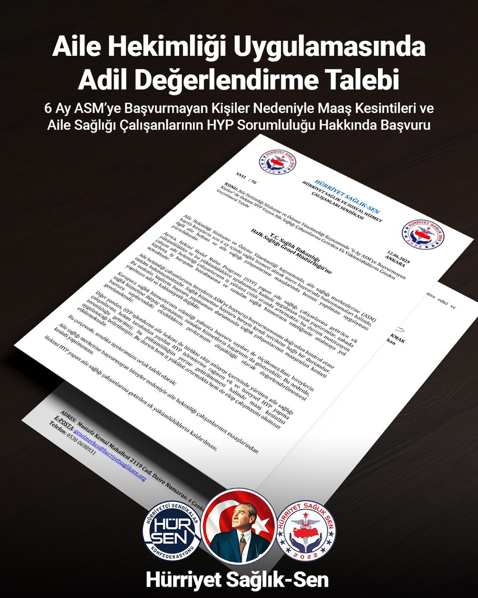 📣 Aile Hekimliği Uygulamasında Adil ve Gerçekçi Değerlendirme Talebi!

Hürriyet Sağlık-Sen olarak, Aile Hekimliği Sözleşme ve Ödeme Yönetmeliği kapsamında “son 6 ay ASM’ye başvurmayan kişilere bağlı maaş kesintileri” ve hekim HYP yapsa dahi ebe/hemşireye ek yükümlülük getiren