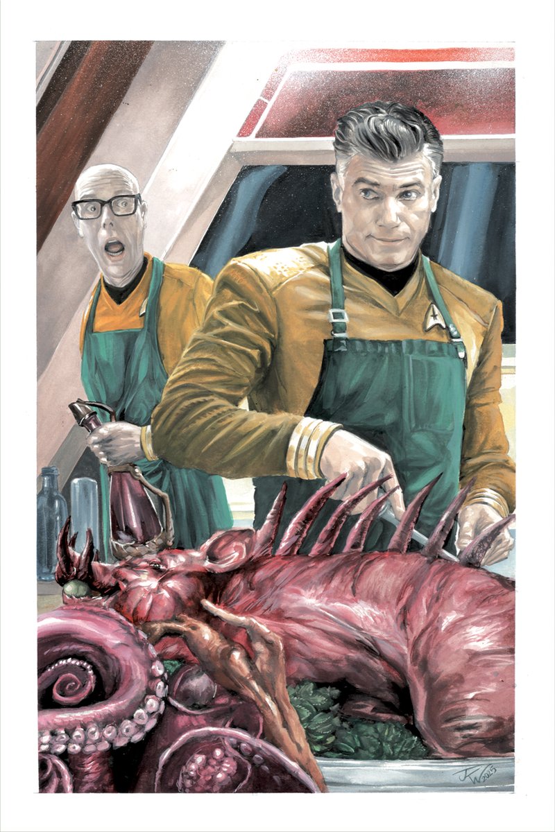 Jeff, #captianpike and the #klingon Cuisine". #WIP  #commission for  #heroesCon2025. #gouache on 12 x 18 coldpress. #StarTrek #StrangeNewWorlds
If you're going to #heroescon2025 and would like a commission, there's still time:  jkwoodwardart.blogspot.com/2024/04/heroes…
