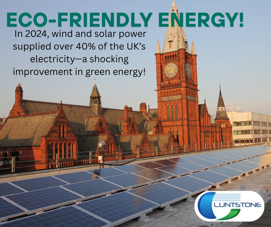 🌍 #FactFriday 
 Eco-Friendly Energy on the Rise!
In 2024, wind and solar power generated over 40% of the UK’s electricity 
⚡— a ground-breaking leap towards a greener future!  At Luntstone, we’re inspired by this progress and committed to driving sustainable innovation forward.