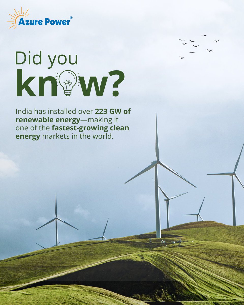 India’s renewable energy journey is breaking records🌱With 223 GW of clean power installed so far, led by 108 GW of solar and 51 GW of wind, India stands tall as one of the fastest-growing green energy markets worldwide. 
#CleanEnergy #Renewables #SolarPower