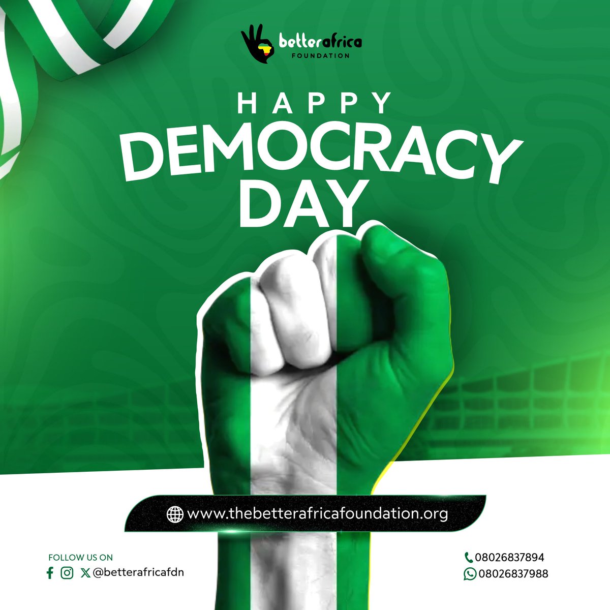 Today reminds us that our voices still matter.

It’s about showing up, even when it’s hard.
Speaking up, even when it feels like no one’s listening.

Happy Democracy Day, Nigeria.
Let’s keep pushing for better.

#DemocracyDay #Nigeria #BetterAfrica #CivicVoices #BetterAfrica