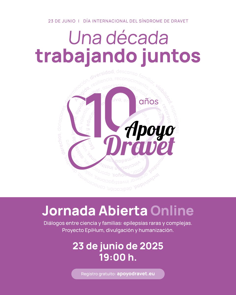 apoyodravet's tweet photo. 💻 Jornada Abierta Online (23 junio, 19 h): Día del síndrome de Dravet 2025 – Una década trabajando juntos.
💜ApoyoDravet celebra 10 años con un evento de diálogo ciencia–familias.
✏️ Inscripción gratuita
👉 https://t.co/cQj0zQ92mK
#10ApoyoDravet #DiaDravet #DravetDay #EpiHum https://t.co/gyoqhYJkox