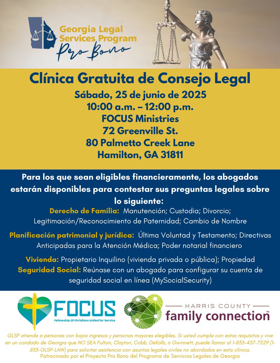 GLSP will be in Harris County on June 21 for a FREE legal advice clinic with our partners FOCUS Ministries and <a href="/HarrisCountyFC/">Harris County Family Connections</a>.  Call today to reserve your time to join us in Hamilton next weekend!