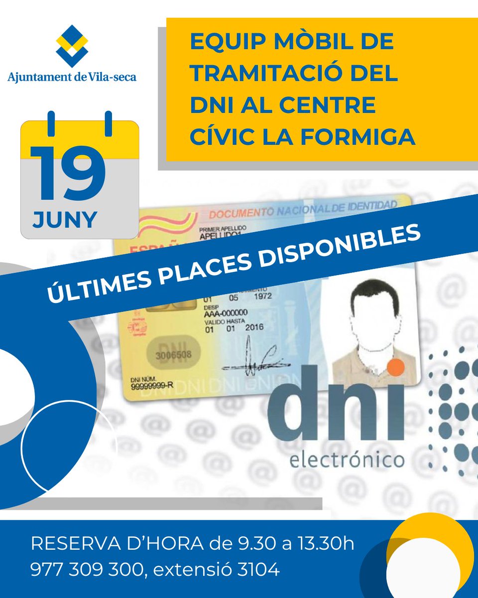 📢 Últimes places per renovar el DNI i passaport a #Vilaseca!
📅 Dijous 19 de juny
📍 Centre Cívic La Formiga
☎️ Cita prèvia obligatòria: 977 309 300 ext. 3104 (de 9.30 a 13.30 h)
Servei pensat per a persones amb dificultats de desplaçament.