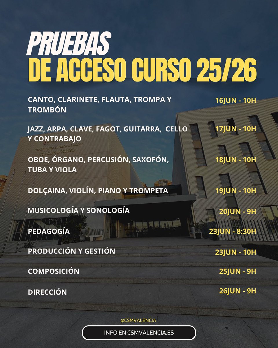 🎼 ¡Arrancan las pruebas de acceso al CSM “Joaquín Rodrigo”! 🎻
La primera es este lunes 16 a las 10h ⏰
Consulta horarios y tribunales en la web 🌐📄
Máxima puntualidad ⏳
¡Mucha suerte! 🍀🎶
🎹🎺🎓
