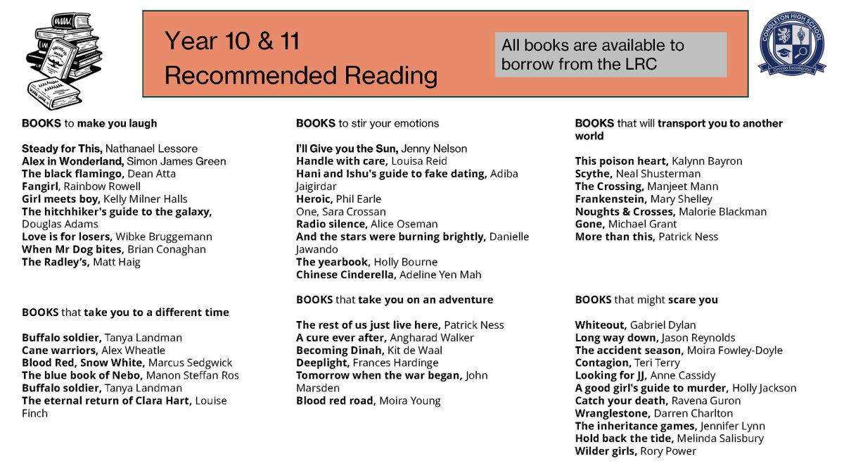 Students: If you're looking for a new book to read and can't decide which one, take a look at the recommended reading lists in our Curriculum/LRC webpages here: tinyurl.com/28fbezas. The lists are broken down in to year group and theme so there should be something for everyone