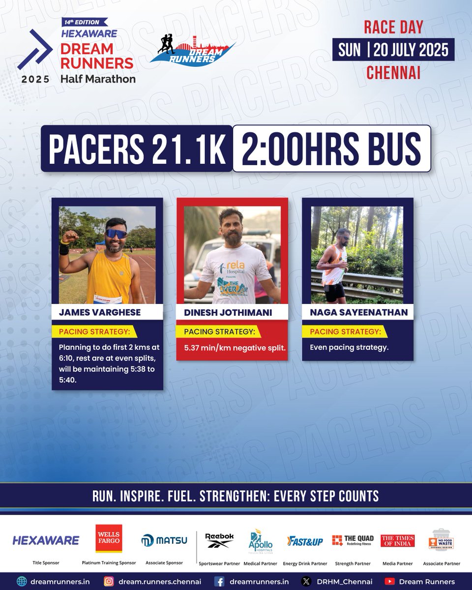 Meet the 21.1K – 2 Hours Bus Pacers!
Join the rhythm with the best at the Hexaware Dream Runners Half Marathon 2025!

Know your pacers - dreamrunners.in/pacers-21-1k-2…
Register now at - reg.myraceindia.com/MRTS/DRHM25
------
Hexaware Dream Runners Half Marathon
10K, 21.1K
July 20, 2025
Chennai