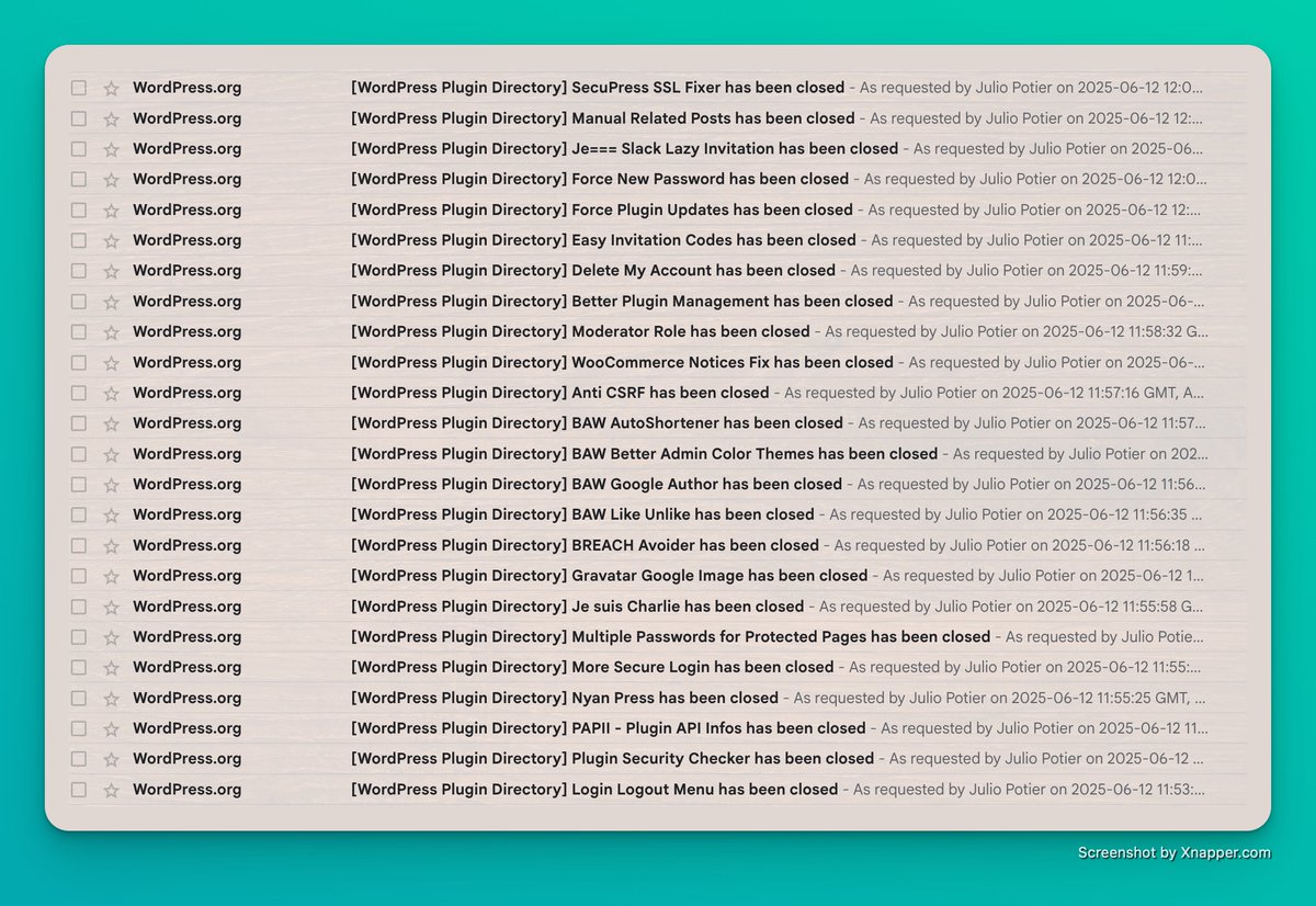 JulioPotier's tweet image. == Petit tri du jeudi ==
Ça évitera du support pour des #plugins #WordPress non maintenus depuis plus de 10 ans pour certains.
Merci à tout le monde de les&apos;avoir utilisés depuis mes débuts en 2008, mais si ce n&apos;est plus maintenu, il faut supprimer, je ne vous en voudrai pas ;s