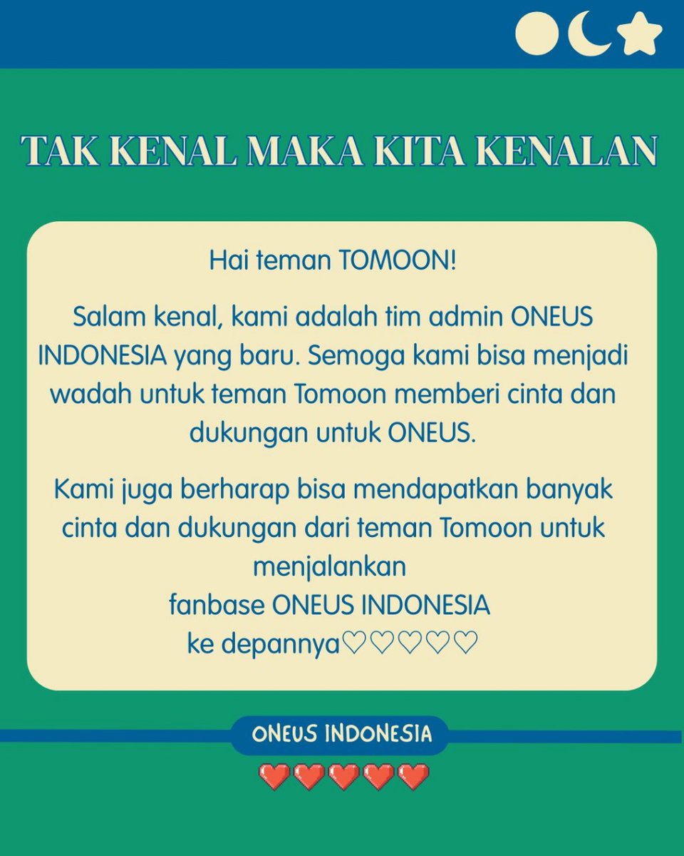 oneusidn's tweet photo. ONEUS INDONESIA REBORN

ONEUS INDONESIA fanbase sudah berganti admin sejak perilisan single Seoho dan akan mulai update kegiatan member dan grup secara berkala. Mohon dukungannya ya teman-teman Tomoon 🫶🌙

#oneusidn https://t.co/dIo9q4p78j