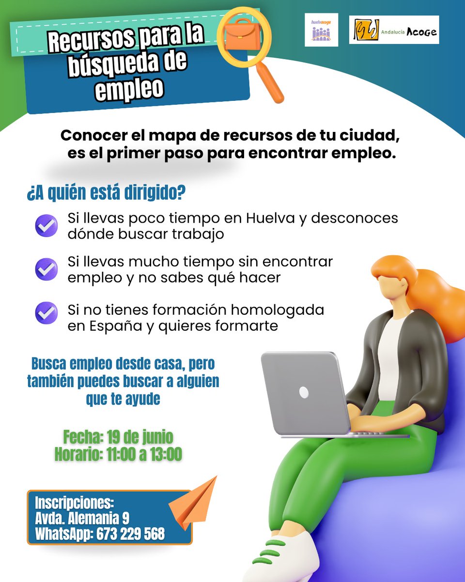 📌El jueves 19, de 11:00 a 13:00h, tendremos la sesión informativa 'Recursos para la búsqueda de empleo'.

🟧¡Aún estáis a tiempo de inscribiros! Para ello, podéis venir a las oficinas de nuestra sede, en Avenida Alemania, 9 Bajo; o también vía WhatsApp, en el número 673 229 568.