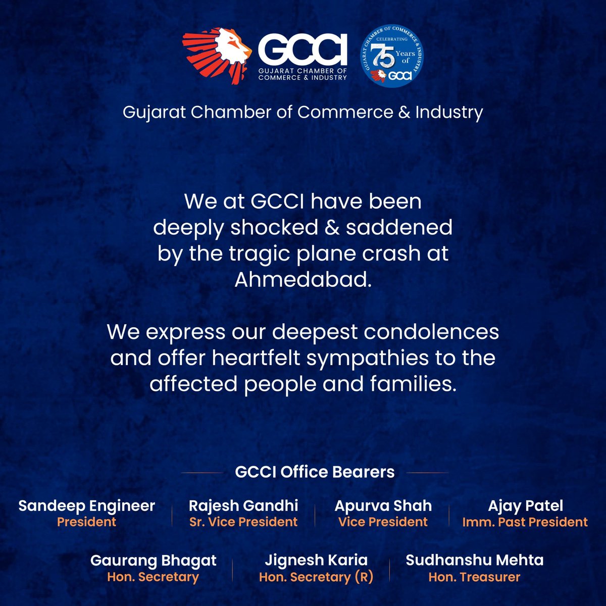 GCCIAhmedabad's tweet photo. GCCI expresses profound grief over the tragic plane crash in Ahmedabad.

We pray for strength to those who have suffered this unimaginable loss.

#gcci #airindiaplanecrash #planecrash #lossoflife #ahmedabadevents #gujarat #gccicares https://t.co/OjEZBQfvRu