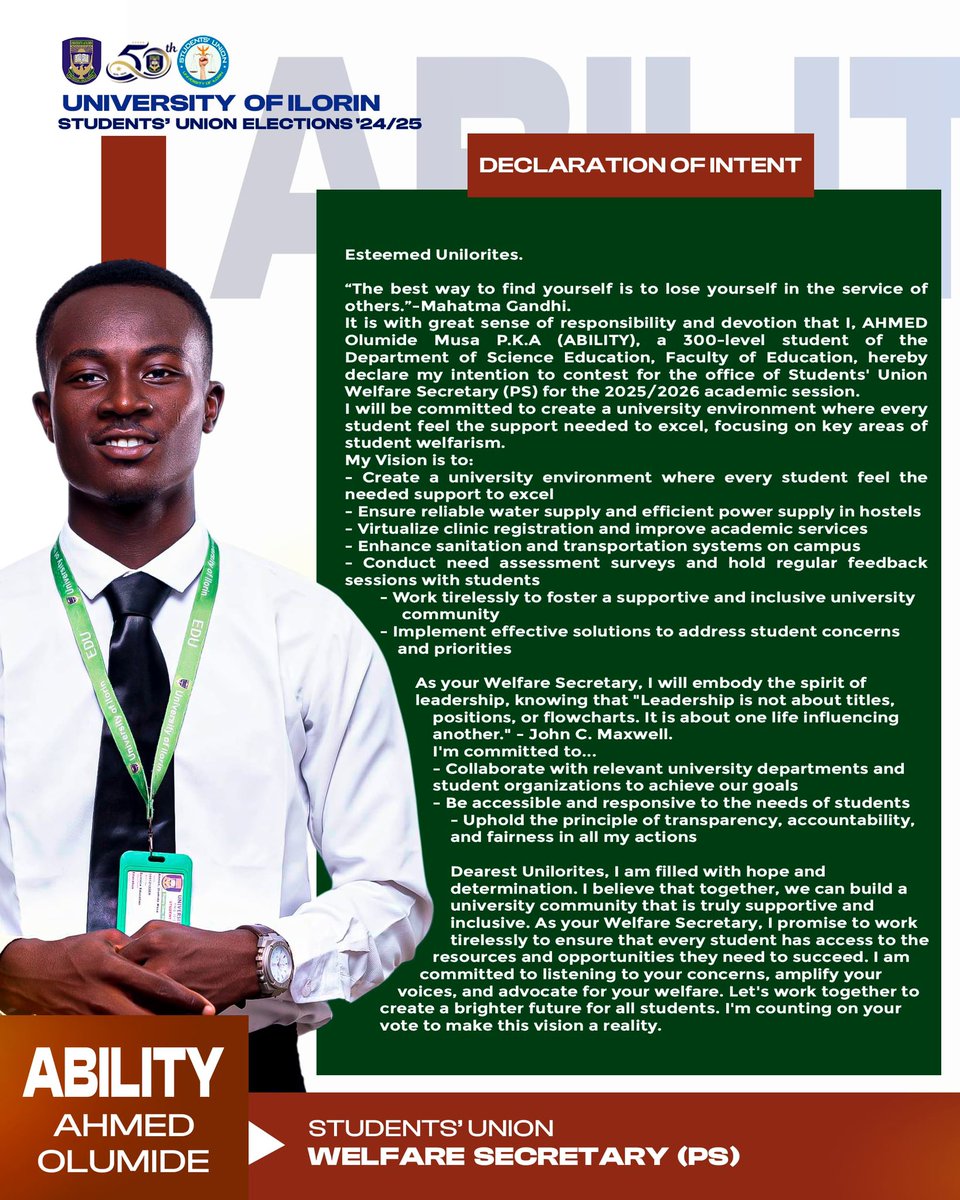 ElBaasity's tweet image. When I say ABILITY, you say CAPACITY 🕊️🕊️
Vote ABILITY as your Next Welfare Secretary (PS) ✅
