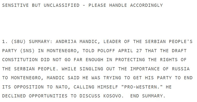 Andrija Mandić i njegova stranka glasali za upućivanje vojnika CG u misiju vojne pomoći EU za Ukrajinu. 

Pa da podsjetimo na procurelu depešu, objavljenu na Vikiliksu prije 14 godina.