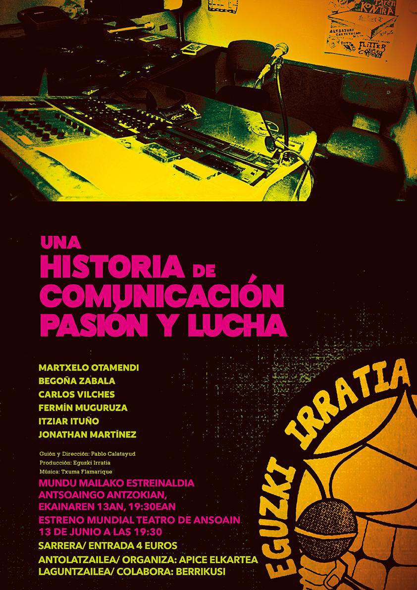 pasealeku (@pasealeku) on Twitter photo <a href="/Eguzki_Irratia/">Eguzki Irratia</a> Viernes 13 de junio último programa de la temporada, entrevistamos a Pablo Calatayud director del documental “Una historia de comunicación, pasión y lucha”. La cita a las 10 H.
Entradas ya la venta en /
Sarrerak dagoeneko salgai
es.patronbase.com/_Ansoain/Produ…
☎️012 <a href="/Eguzki_Irratia/">Eguzki Irratia</a> Viernes 13 de junio último programa de la temporada, entrevistamos a Pablo Calatayud director del documental “Una historia de comunicación, pasión y lucha”. La cita a las 10 H.
Entradas ya la venta en /
Sarrerak dagoeneko salgai
es.patronbase.com/_Ansoain/Produ…
☎️012