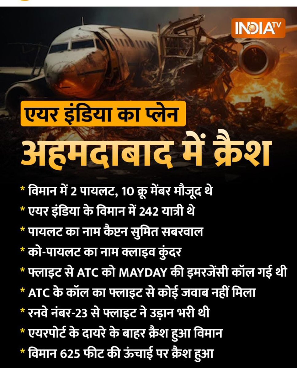 गुजरात के अहमदाबाद में बड़ा विमान हादसा 
अहमदाबाद के मेघानी नगर में एअर इंडिया का विमान क्रैश, विमान हादसे में अब तक 170 लोगों की मौत की पुष्टि 
#AhmedabadPlanCrash #AirIndiaCrash #AhmedabadAirport #PlaneCrashIndia #AirIndiaFlight #BreakingNews #AhmedabadBreakingNew