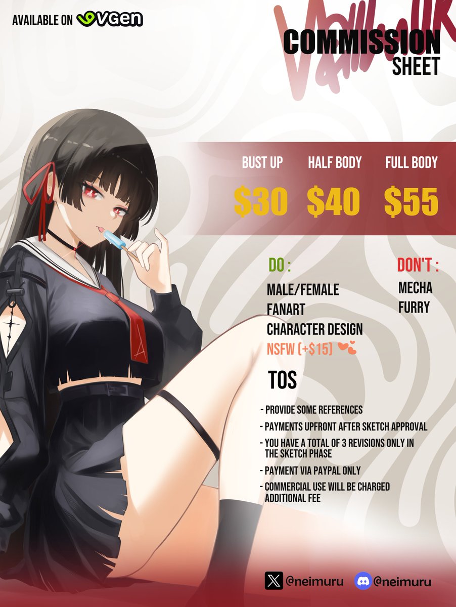 neimuru's tweet image. Hiii! I'm open for commissions again!
If you're interested, feel free to reach out to me via DM or Discord (neimuru) kay! (˵ • ᴗ - ˵ ) ✧
Also available on VGen : vgen.co/Neimuru
Retweet are really apperciated ❤️
#CommissionOpen #VGenOpen #CommissionSheet