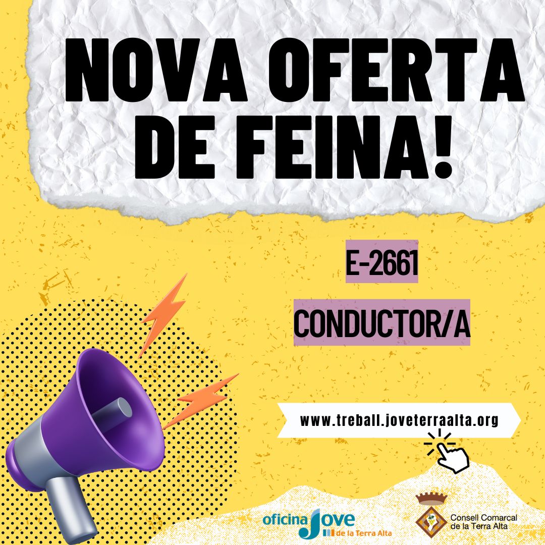 [TREBALL] 📝 Us informem que hem publicat noves ofertes de feina a la Borsa de Treball:

E-2659: PROGRAMA TREBALL I FORMACIÓ 2025
E-2660: ADMINISTRATIU/VA
E-2661: CONDUCTOR/A

Teniu més informació a la pàgina web: treball.joveterraalta.org #BorsadeTreball #OficinaJove