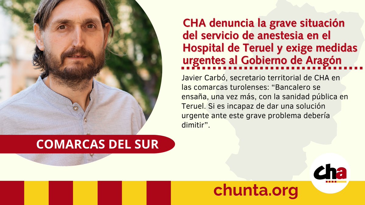 🏥 CHA denuncia la grave situación del servicio de anestesia en el Hospital de Teruel y exige medidas urgentes al Gobierno de Aragón

Javier Carbó: "Bancalero se ensaña, una vez más, con la sanidad pública en Teruel"

🔗 chunta.org/cha-denuncia-l…