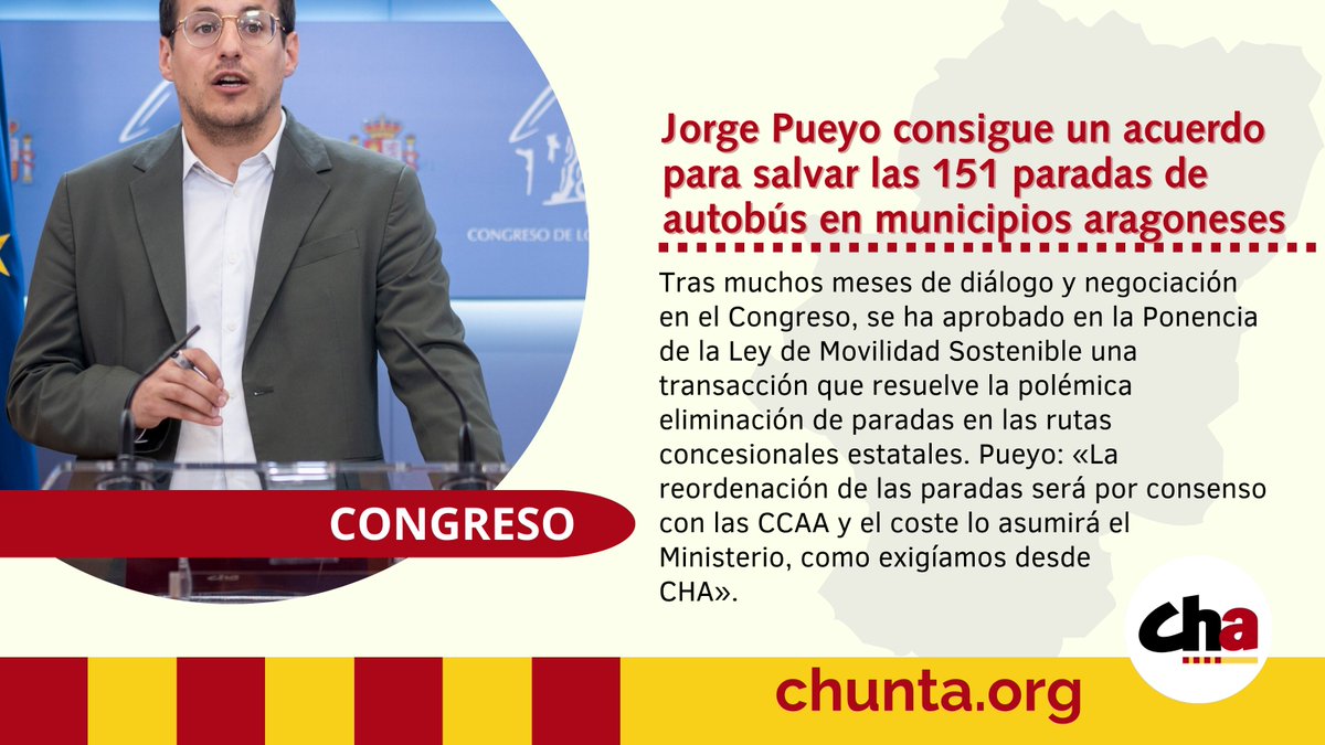🚍 <a href="/jorge_pueyo95/">Jorge Pueyo</a> consigue un acuerdo para salvar las 151 paradas de autobús en municipios aragoneses

"La reordenación de las paradas será por consenso con las CCAA y el coste lo asumirá el Ministerio, como exigíamos desde CHA"

🔗 chunta.org/jorge-pueyo-co…