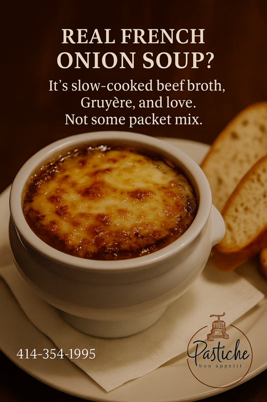 PasticheBistro's tweet photo. Microwave meals can't compete. Try our French onion soup – made fresh, never frozen. 🍽️ #PasticheBistro #FrenchFood #MilwaukeeEats #FoodieWI #DateNightDoneRight #ScratchKitchen #WineAndDine #BrownDeerDininghttps://www.rfr.bz/t97de05 https://t.co/hgcK8LjU6m