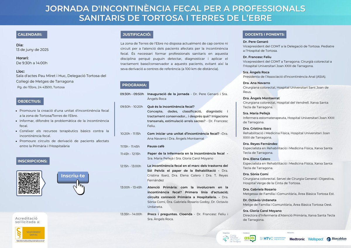 💬 Incontinència fecal: més enllà del bolquer

🗓️ Divendres, de 9:30 a 14 h, a la Delegació del COMT a Tortosa (Pg. de l’Ebre, 24)
🩺 Formació per a professionals sanitaris amb experts en cirurgia, rehabilitació i AP. A la tarda, sessió per a pacients!

🔗 tuit.cat/01U3m