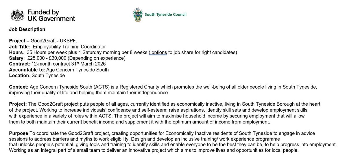ACTS (@ageconcernts) on Twitter photo We have a position open for an Employability Training Coordinator as part of our Good2Graft Project.
For more information, to chat or apply, contact us at info@ac-ts.org.uk or call 01914566903 We have a position open for an Employability Training Coordinator as part of our Good2Graft Project.
For more information, to chat or apply, contact us at info@ac-ts.org.uk or call 01914566903