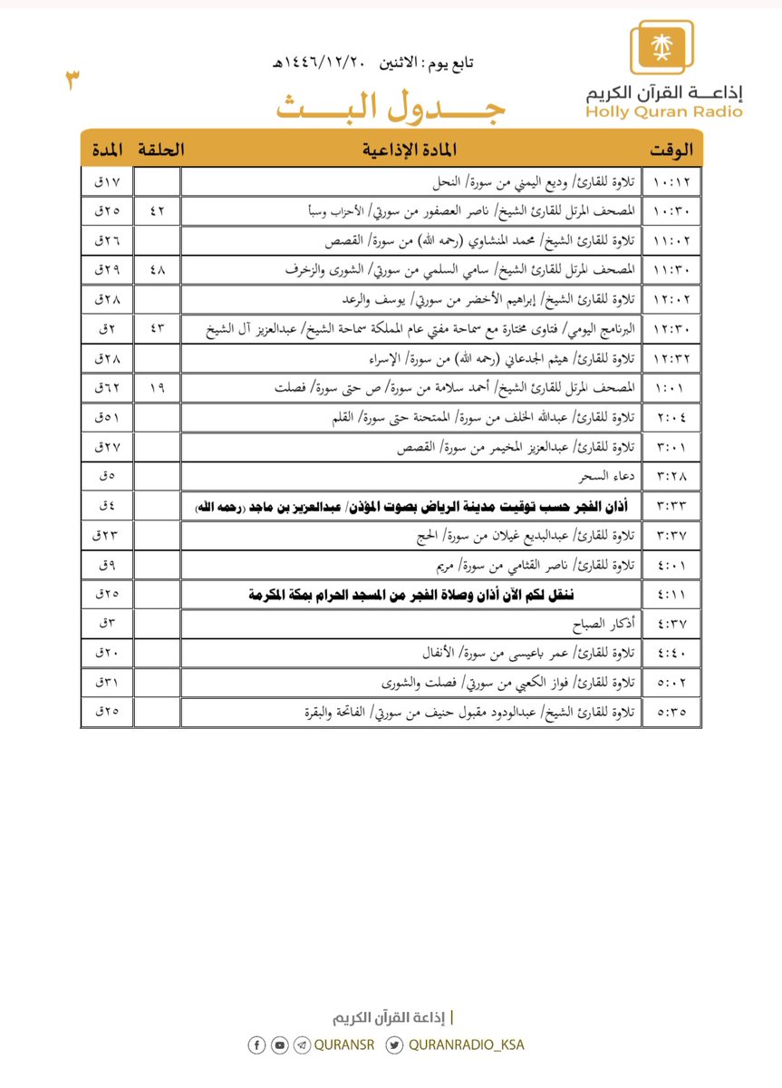 هيكل تلاوات وبرامج
#إذاعة_القرآن_الكريم
ليوم #الاثنين 1446/12/20

رابط البث المباشر 👇🏻
radioplus.sba.sa/ar/live/4