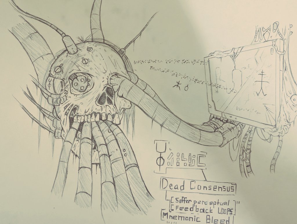 First post after a long hiatus from this platform:
Dead_Consensus:TechnoGeist 
#illustration #bodyhorror #cyberpunk #grimdark #nihei #art #giger #cronenberg #conceptart #drawing #drawingart