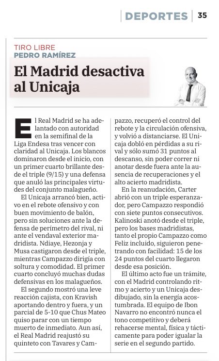 Altos porcentajes, dominio físico y la defensa de perímetro del <a href="/RMBaloncesto/">Real Madrid Basket</a> desactivan al <a href="/unicajaCB/">UnicajaCB</a> en el primer asalto. Si te apetece, hoy en <a href="/SURDeporte/">SUR Deporte</a> EL REAL MADRID DESACTIVA AL UNICAJA