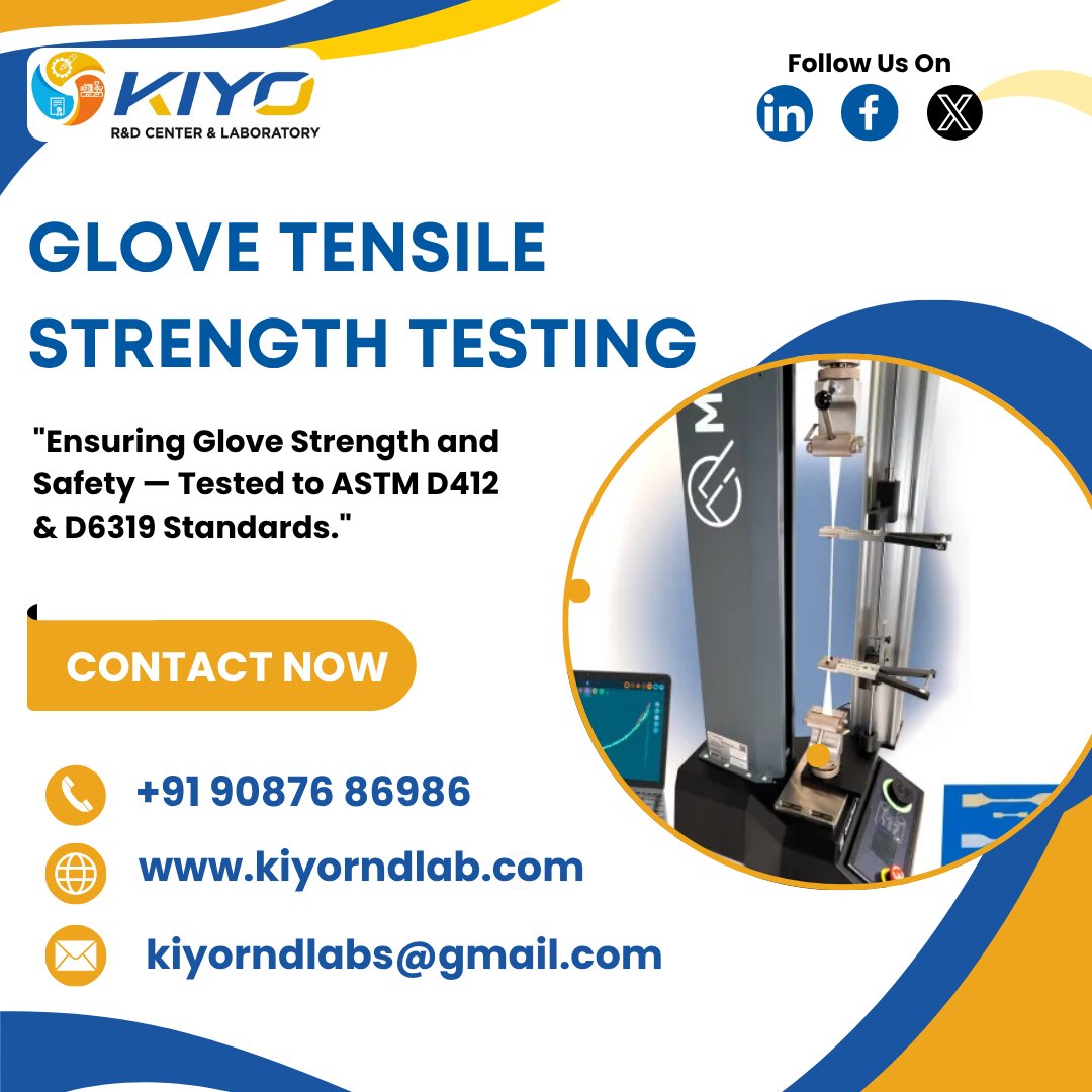 Kiyorndlab's tweet image. 🧤 Ensure glove strength and safety with ASTM D412 &amp;amp; D6319-based tensile testing at Kiyo R&amp;amp;D Lab. Trusted results. Proven reliability. 💪
#TensileTesting #ASTMD412 #GloveTesting #KiyoRND #LabServices