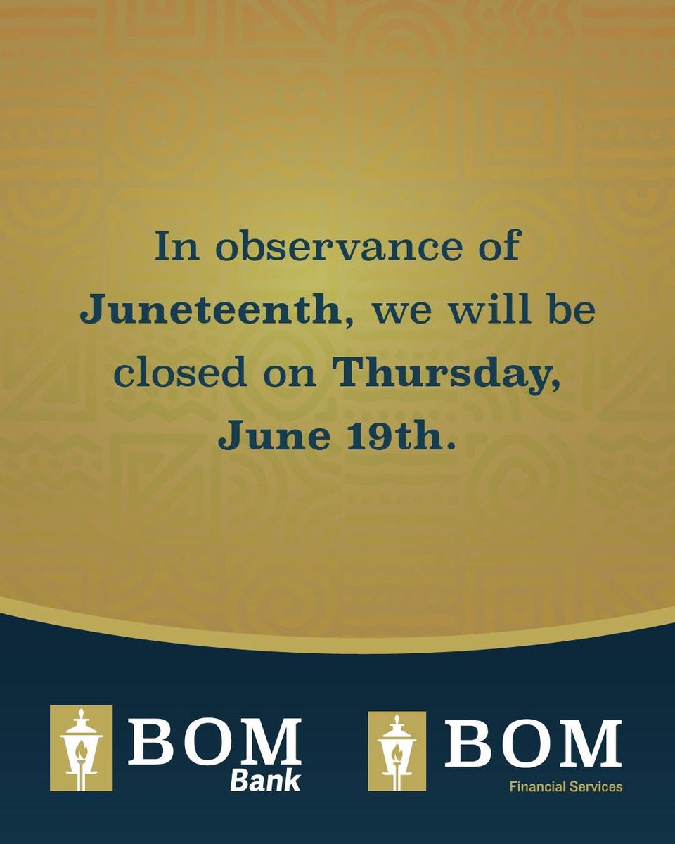 Just a reminder, we will be closed on Thursday, June 19th, in observance of Juneteenth. We will resume regular hours on Friday, June 20th.