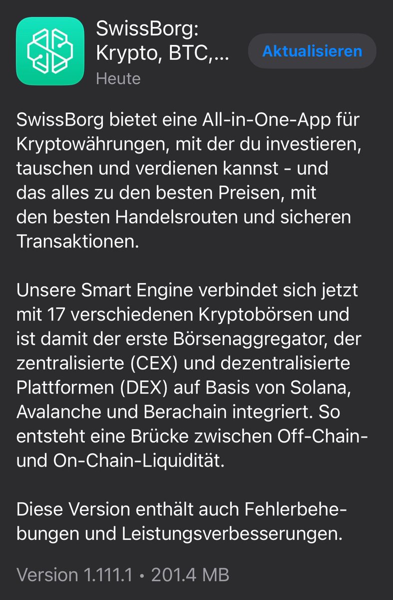 🇩🇪 Jetzt updaten: Neue App-Version.

🇬🇧 Update now: new app version available.
 
🔹 V 1.111.1

➡️ swissborgtribe.ch/app

#iOS @SwissBorg #SwissBorgDE
