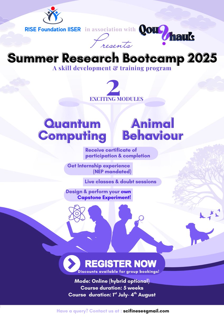 🌟 **Internship Opportunity!** 🌟

Join Qoutuhaul's **Summer Research Bootcamp** with *RISE Foundation IISER Kolkata*! Choose *Animal Behaviour* or *Quantum Computing*.

🗓️ *5-week online course*
✅ Capstone project &amp; certificate  

📲 Limited seats! Register now: [Sign up here]