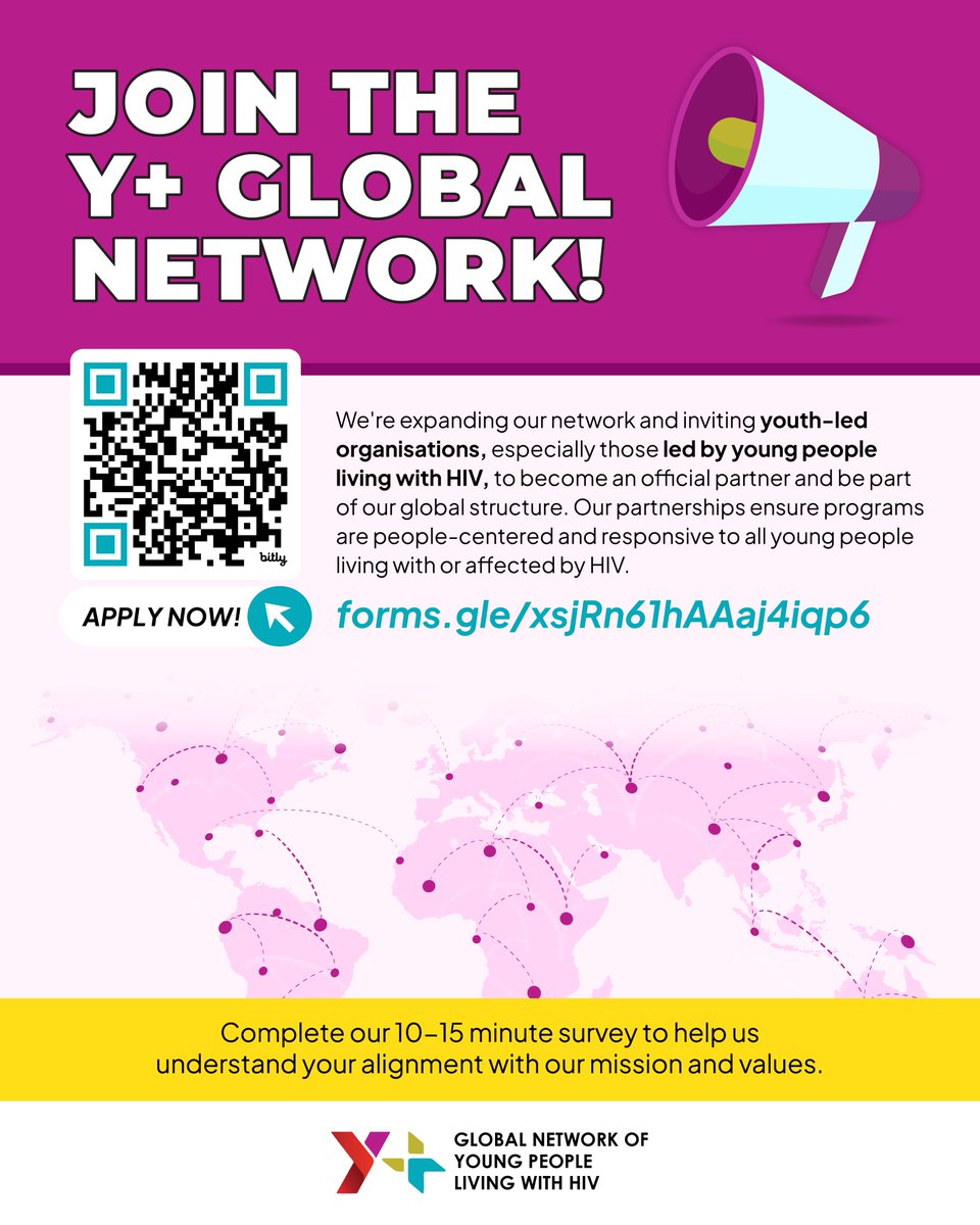 🌍 Are you part of a youth-led or youth-serving organisation working on #HIV or related health issues?Y+ Global is expanding its network and inviting new partners to join. Take a few minutes to apply 🔗 forms.gle/xsjRn61hAAaj4i…