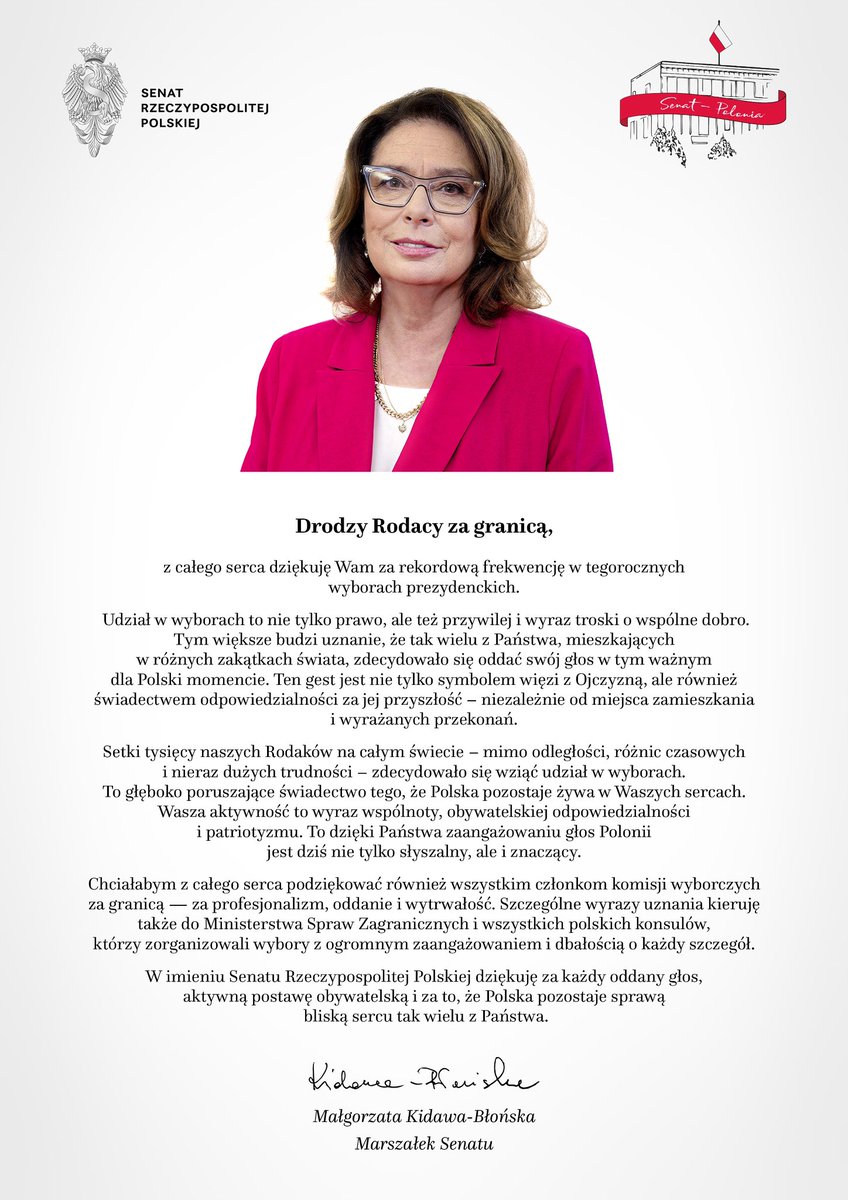🇵🇱Podziękowanie marszałek #SenatRP <a href="/M_K_Blonska/">Małgorzata Kidawa-Błońska</a> dla Polonii i Polaków za granicą za rekordową frekwencję w wyborach prezydenckich. 

„Udział w wyborach to nie tylko prawo, ale też przywilej i wyraz troski o wspólne dobro. (…) W imieniu Senatu Rzeczypospolitej Polskiej dziękuję