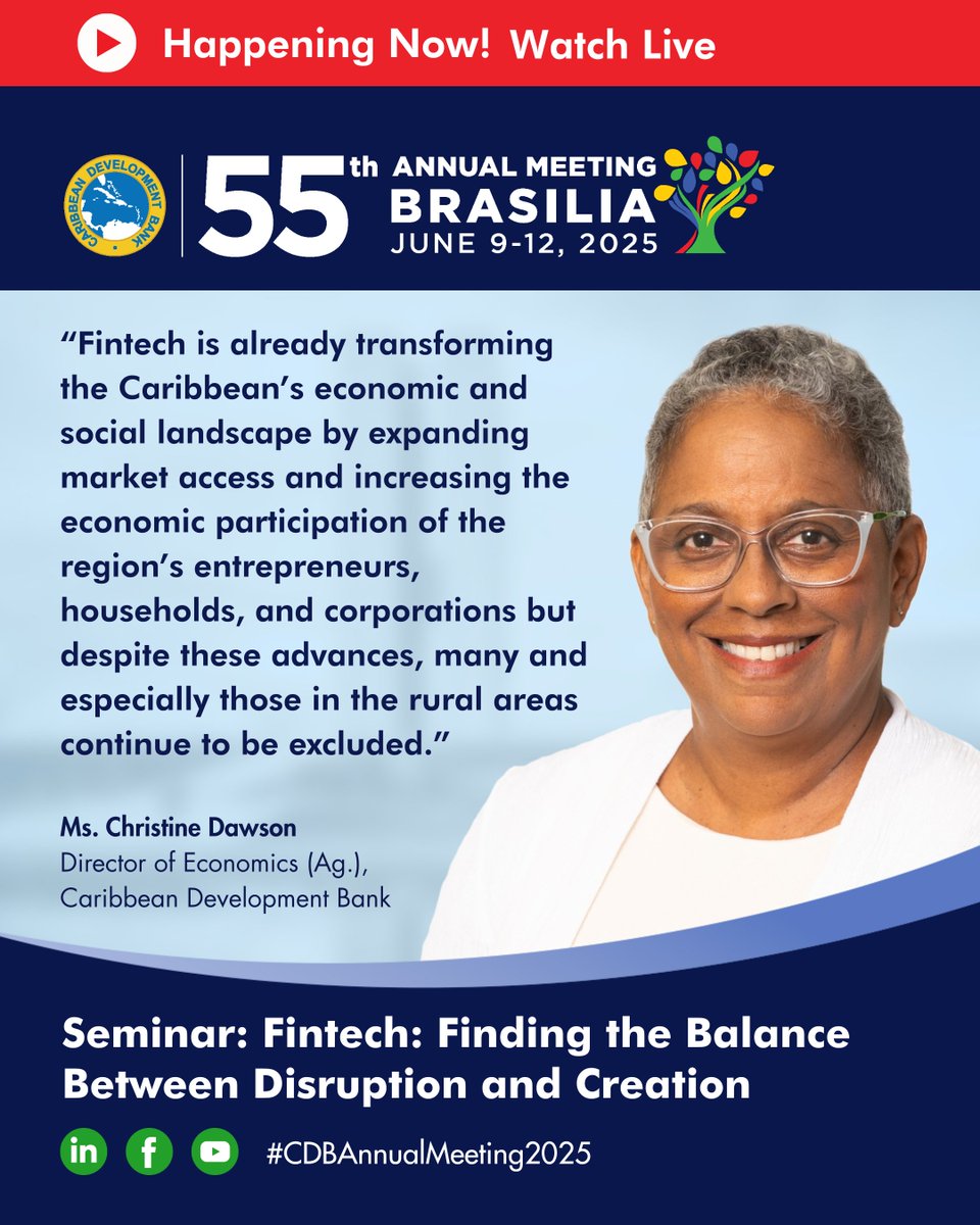 Live Now! Fintech is transforming financial inclusion in the Caribbean. 🌍 Join global experts discussing disruption, innovation, and empowerment at #CDBAnnualMeeting2025.

📲 Watch here 👉 ow.ly/gx2z50W8hSB