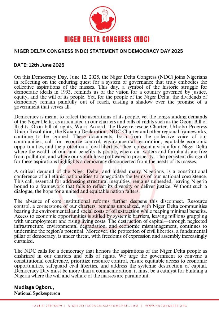 ND_Congress's tweet image. NIGER DELTA CONGRESS (NDC) STATEMENT ON DEMOCRACY DAY 2025
DATE: 12th June 2025