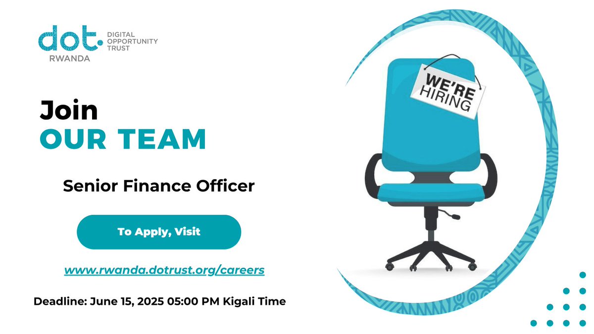 DOT Rwanda (@dotrwanda) on Twitter photo 🚨Join our Team! <a href="/DOTRwanda/">DOT Rwanda</a> is looking for a passionate Senior Finance Officer to join our team.
Deadline: June 15, 2025
Location: Kigali, Rwanda
Apply here: rb.gy/fi71eg 🚨Join our Team! <a href="/DOTRwanda/">DOT Rwanda</a> is looking for a passionate Senior Finance Officer to join our team.
Deadline: June 15, 2025
Location: Kigali, Rwanda
Apply here: rb.gy/fi71eg