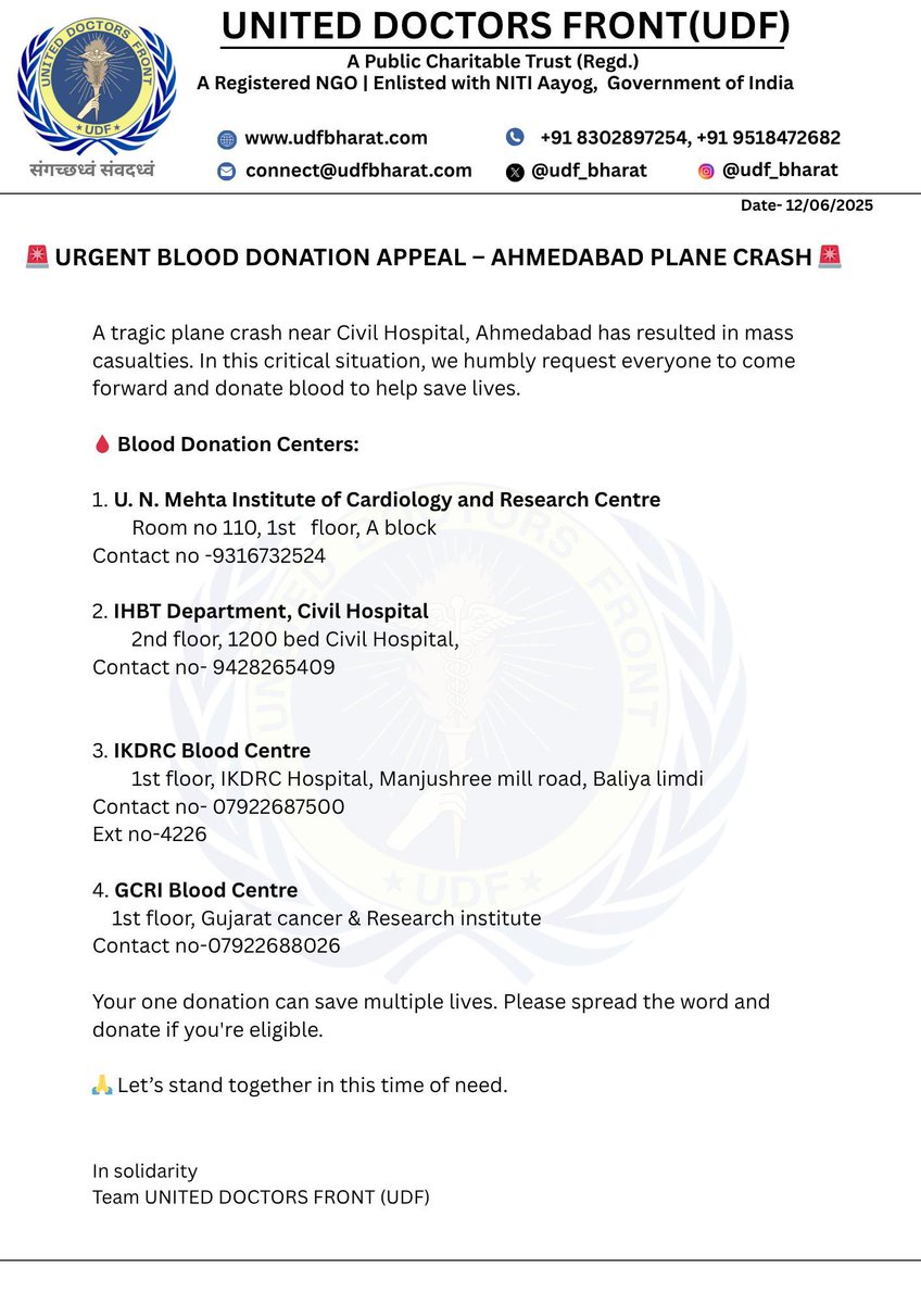 UNITED DOCTORS FRONT (UDF) (@udf_bharat) on Twitter photo Tragic day for the nation: ЁЯТФ
UDF Bharat expresses deep sorrow over the Ahmedabad plane crash.
Our thoughts and prayers are with the victims and their families. ЁЯЩПтЬИя╕ПЁЯЗоЁЯЗ│
#planecrash #gujratplanecrash #airindia #gujrat <a href="/ANI/">ANI</a> <a href="/PTI_News/">Press Trust of India</a> <a href="/IndianExpress/">The Indian Express</a> <a href="/Xpress_edex/">Edex - The New Indian Express</a> <a href="/CNN/">CNN</a> <a href="/IndiaToday/">IndiaToday</a> Tragic day for the nation: ЁЯТФ
UDF Bharat expresses deep sorrow over the Ahmedabad plane crash.
Our thoughts and prayers are with the victims and their families. ЁЯЩПтЬИя╕ПЁЯЗоЁЯЗ│
#planecrash #gujratplanecrash #airindia #gujrat <a href="/ANI/">ANI</a> <a href="/PTI_News/">Press Trust of India</a> <a href="/IndianExpress/">The Indian Express</a> <a href="/Xpress_edex/">Edex - The New Indian Express</a> <a href="/CNN/">CNN</a> <a href="/IndiaToday/">IndiaToday</a>